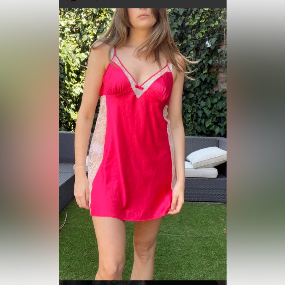 Victoria's Secret Hot Pink Satin Chemise with White Lace Panels Sz M